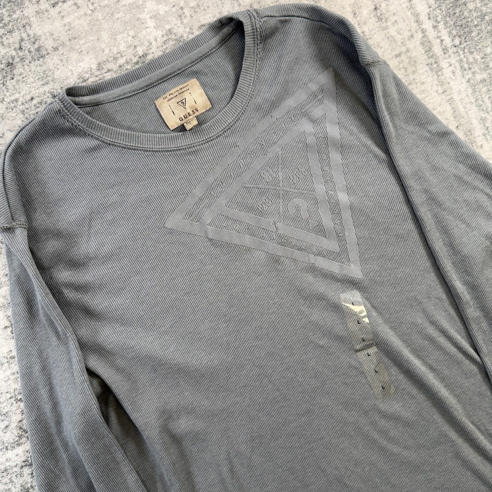 Y2K Guess Shirt Mens Large Gray Thermal Ribbed Knit Crewneck Graphic Grunge